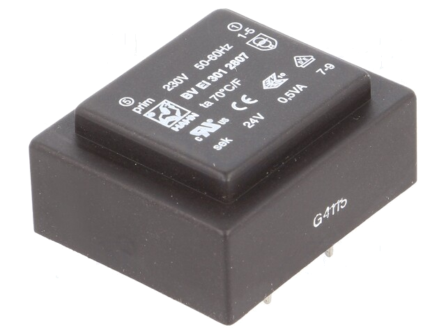 Transformator: ingegoten; 0,5VA; 230VAC; 24V; 21mA; PCB; BVEI Transformator: ingegoten; 0,5VA; 230VAC; 24V; 21mA; PCB; BVEI